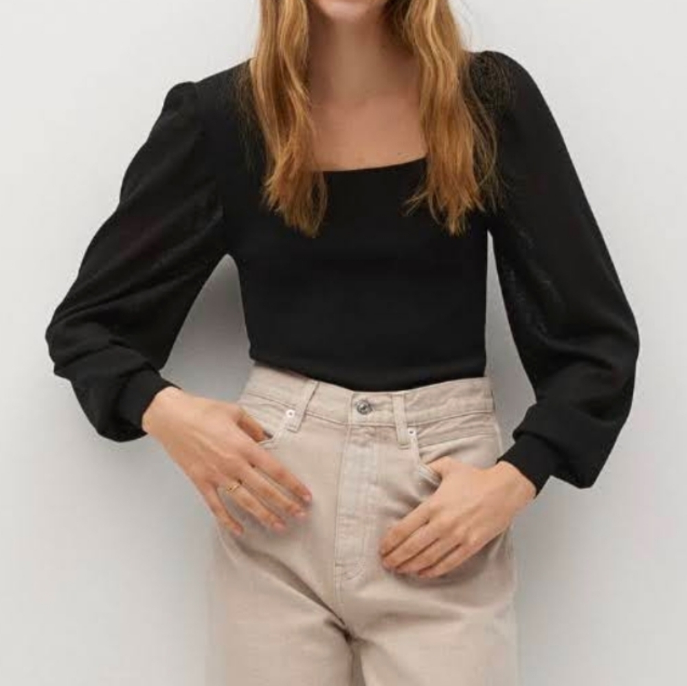 Mango Black Square Neck Balloon Sleeve Top